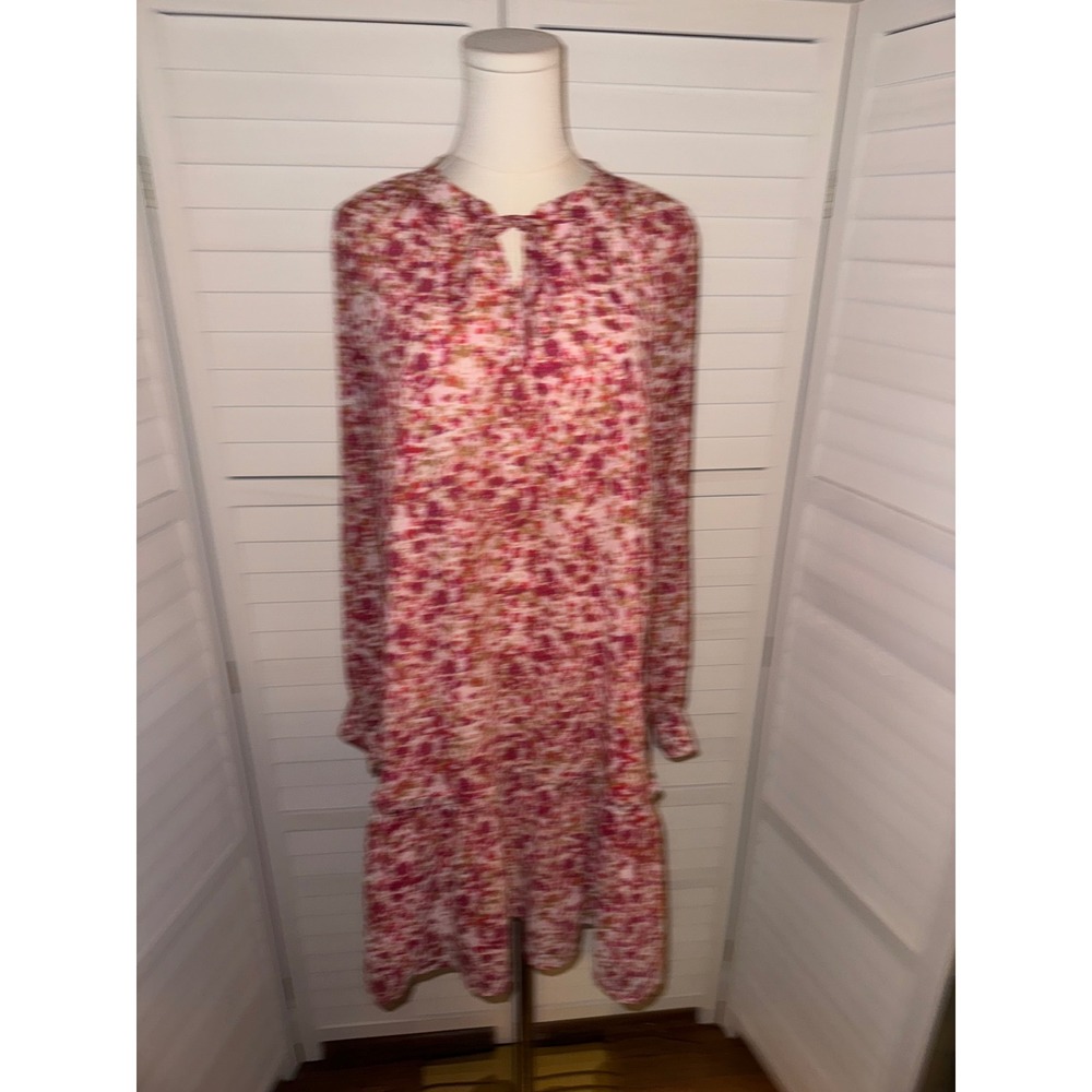 J. Crew Pink Floral Print Long Sleeve Tie Neck Tiered Dress Women's Size M - Picture 2 of 8